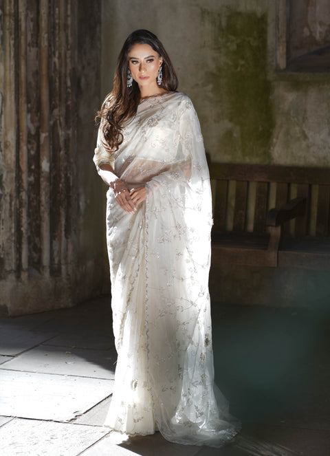 UFAQ IVORY EMBELLISHED SAREE