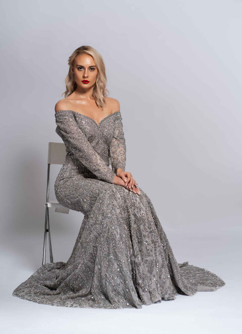 JENAN OFF SHOULDER BRIDAL GOWN WITH SHRT TRAIL