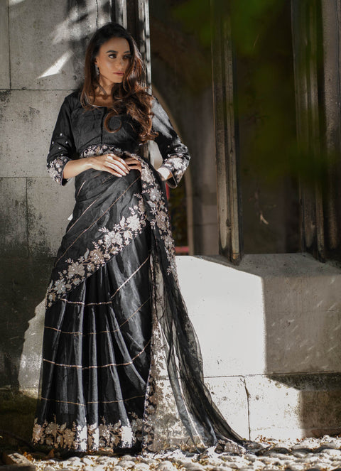 MAAZINA FLORAL EMBELLISHED BLACK SAREE