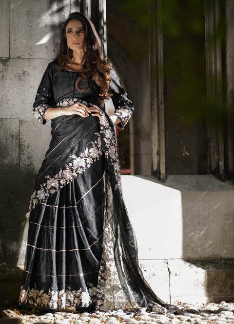 MAAZINA FLORAL EMBELLISHED BLACK SAREE