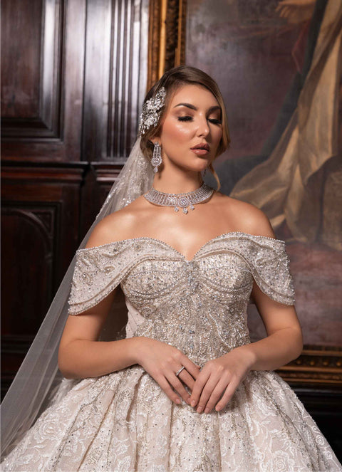 CHARLOTTE CHAMPAGNE BRIDAL GOWN WITH TRAIN