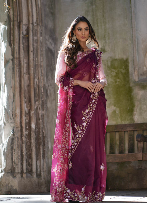 PARISHA PLUM FORAL EMBELLISHED SAREE