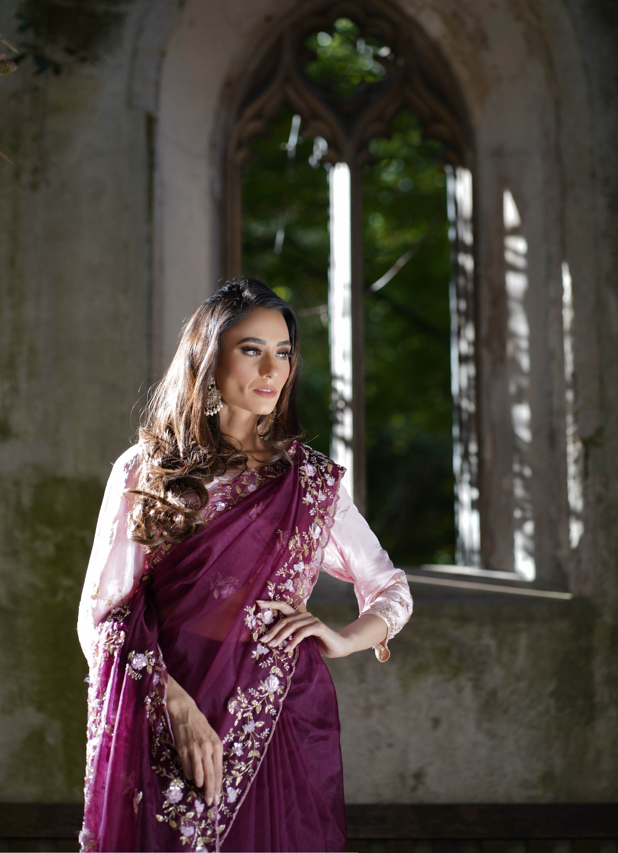 PARISHA PLUM FORAL EMBELLISHED SAREE– CRYSTAL LONDON